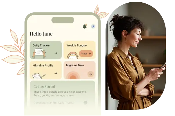 Migraine Heroes app home screen beside a woman looking at her phone