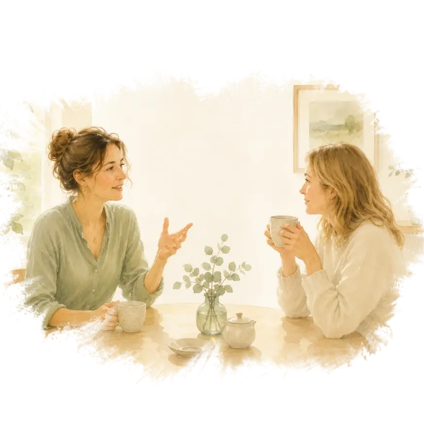 Two people in warm conversation over tea