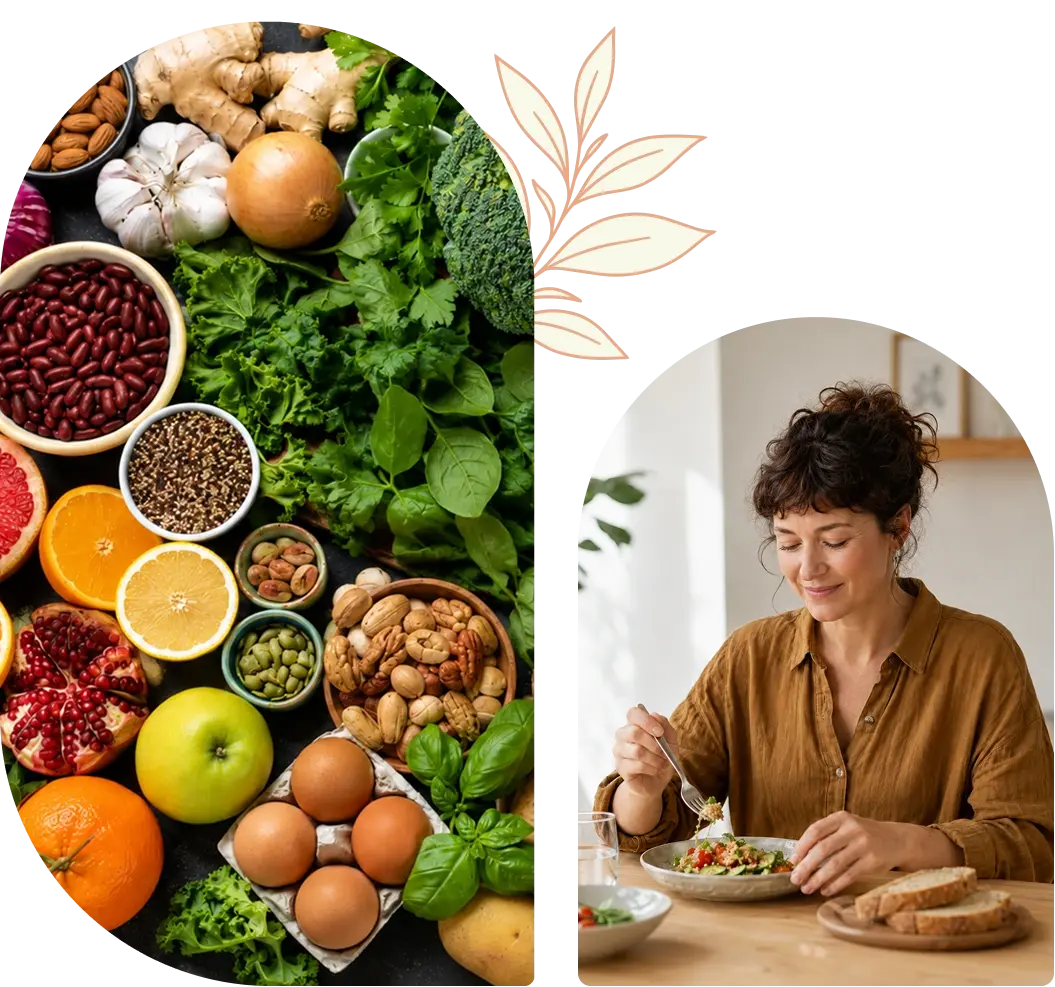 A colorful spread of anti-inflammatory foods beside a woman enjoying a healthy meal at home