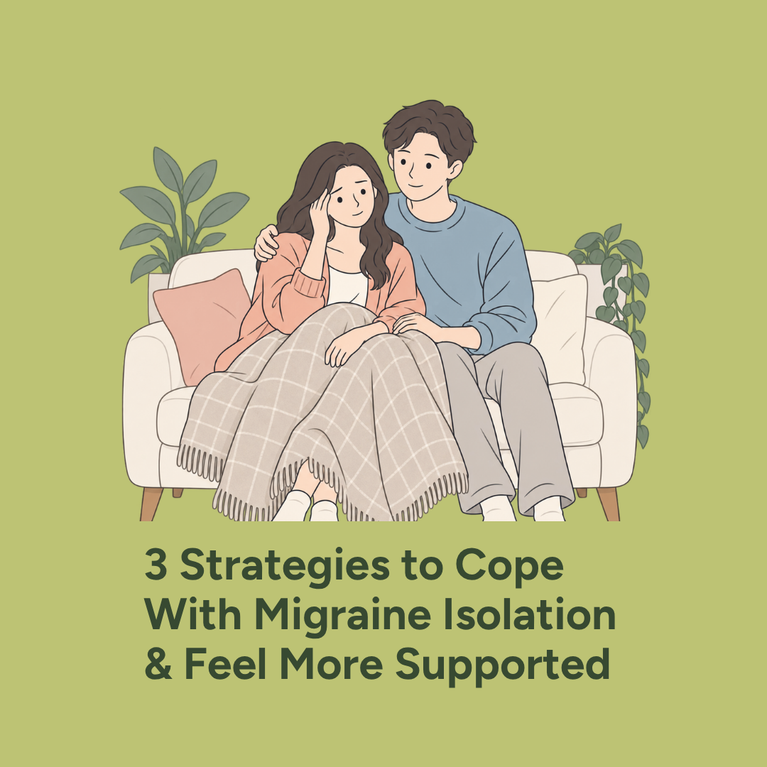 Illustration of a woman resting on a couch with a supportive partner, representing coping with migraine isolation.