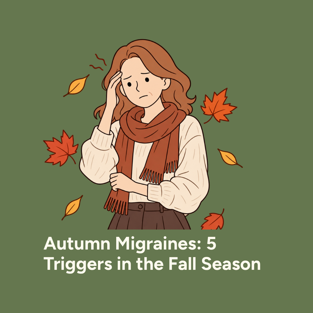 Woman holding her temple with autumn leaves around her, illustrating fall migraine triggers.