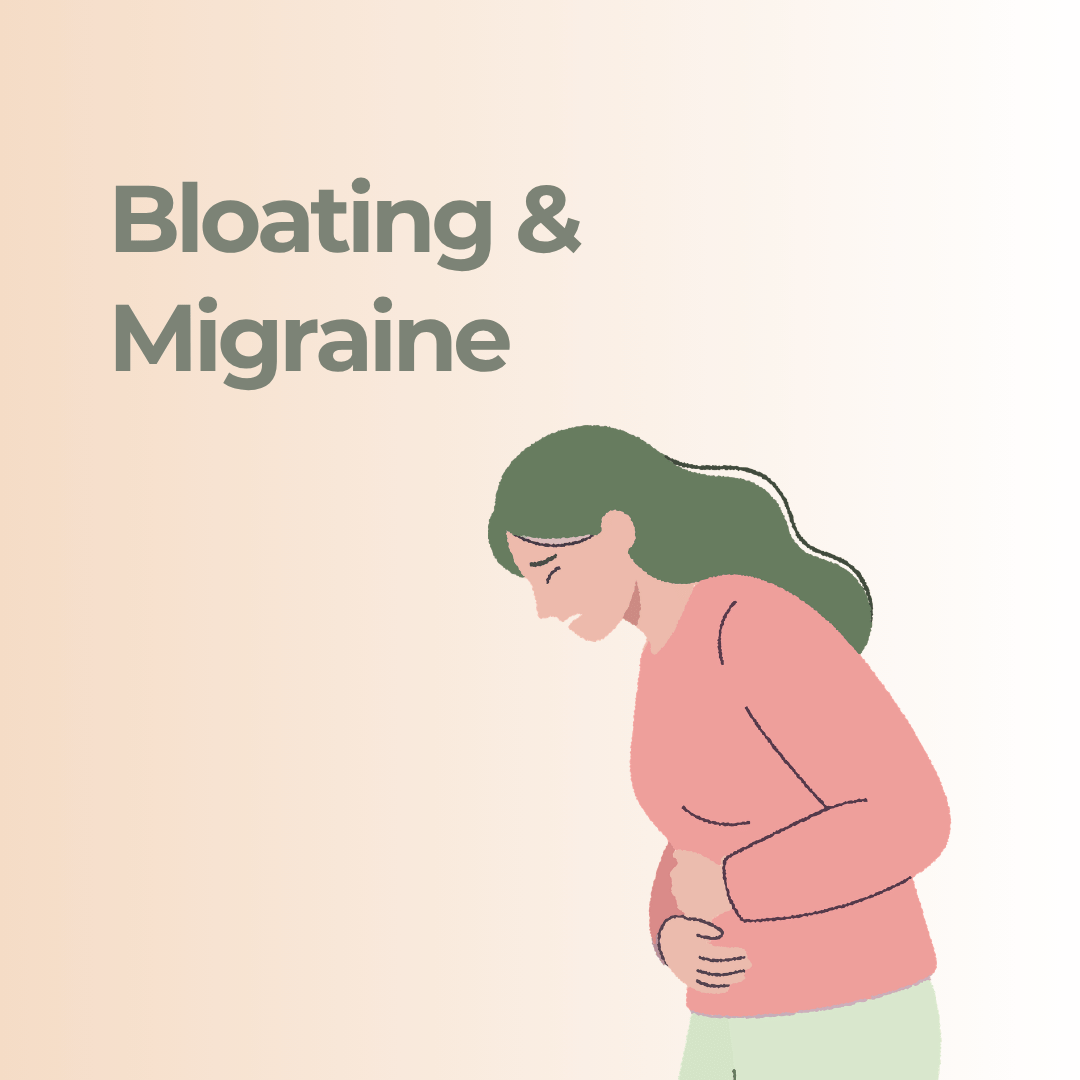 Illustration of a woman bending forward and holding her abdomen, representing bloating and migraine.