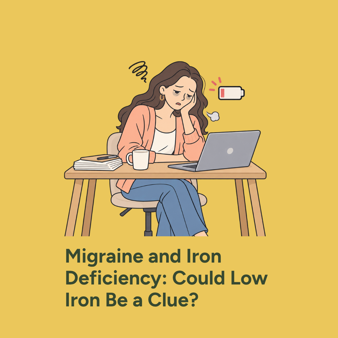 Tired woman at a laptop beside a low-battery symbol, illustrating low iron, fatigue, and migraine.