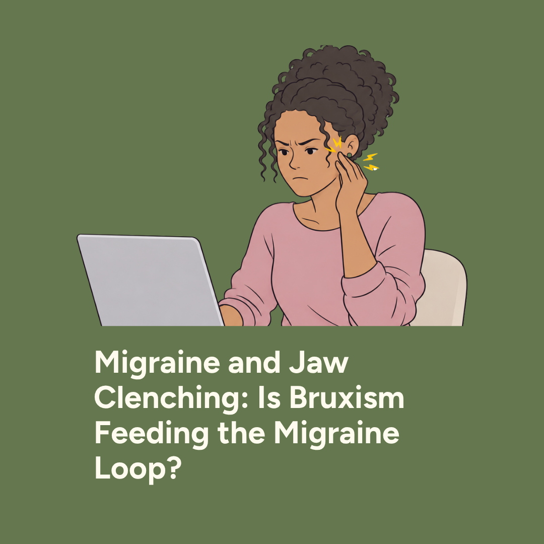Illustration of a woman clenching her teeth and holding her jaw beneath the words "Jaw Clenching & Migraine."