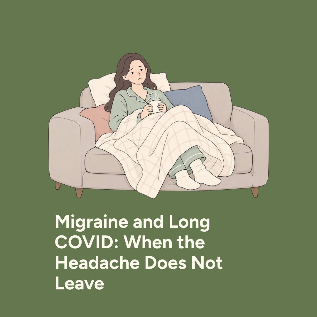 Illustration of a tired woman resting on a sofa under a blanket, holding a warm mug, representing migraine and long COVID.