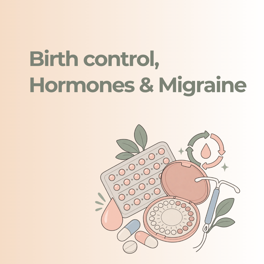 Birth control pills and an IUD illustrating the connection between hormones, contraception, and migraine.