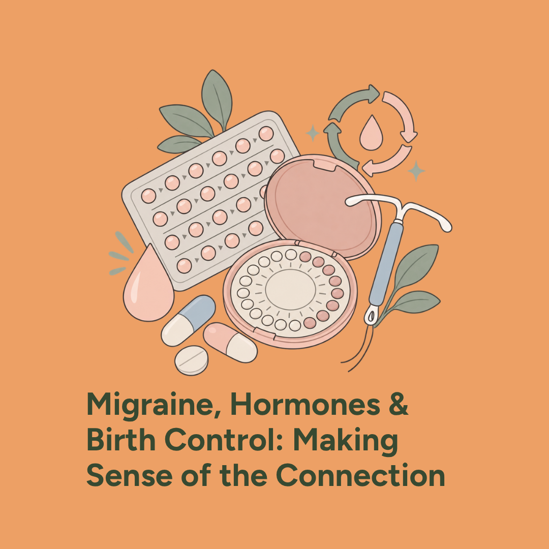 Birth control pills and an IUD illustrating the connection between hormones, contraception, and migraine.