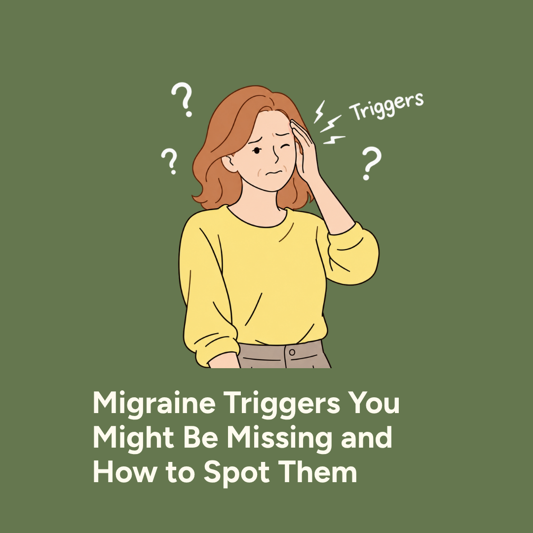 Illustration of a woman holding her forehead, surrounded by question marks symbolizing possible migraine triggers.