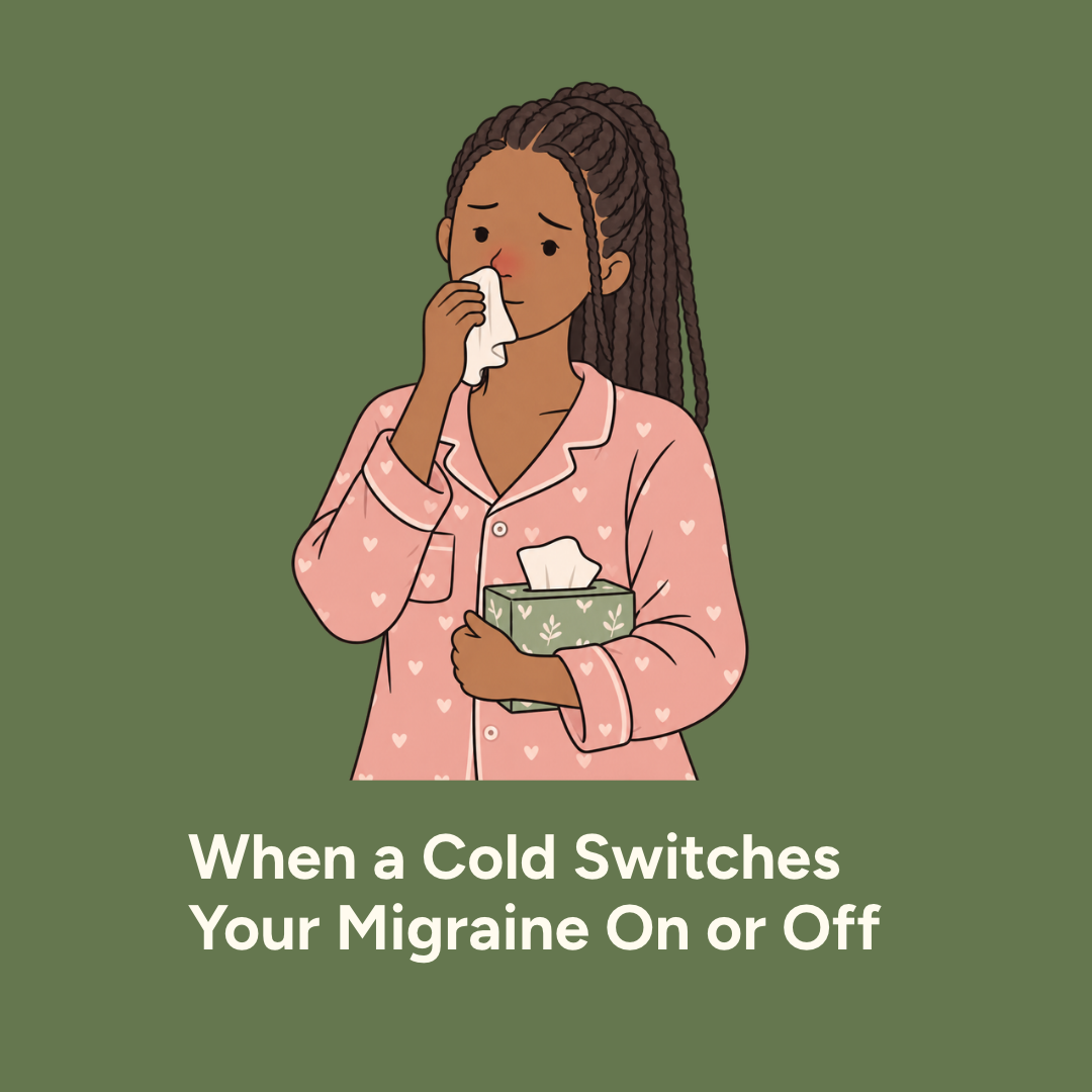 Woman in pink pajamas holding tissues, illustrating how a cold can change migraine symptoms.