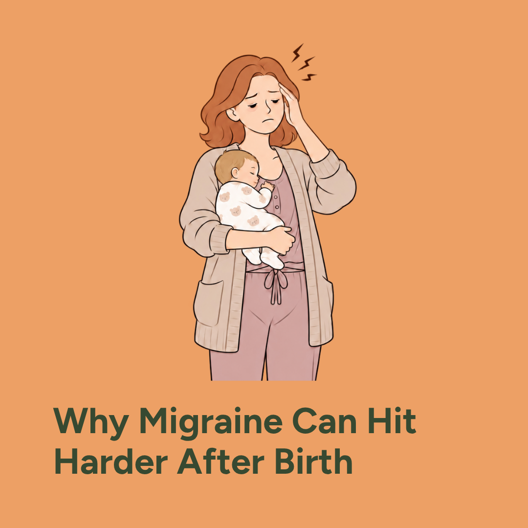 Woman holding her newborn beside a crib while touching her temple with migraine pain.