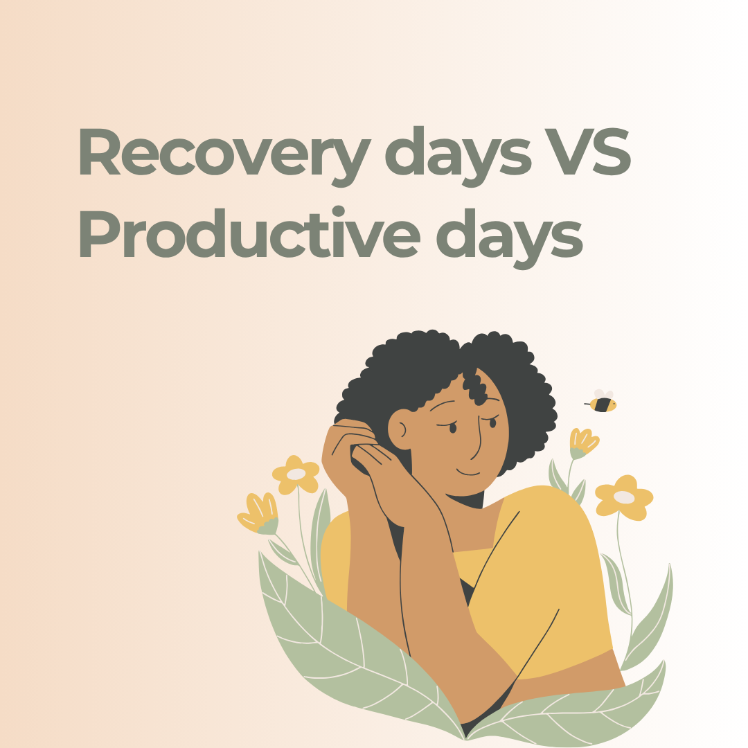 Illustration of a woman resting among leaves and flowers beneath the words “Recovery days VS Productive days.”