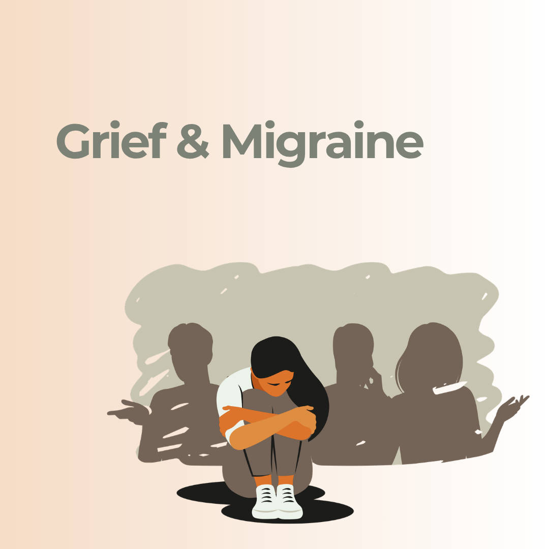 Woman sitting curled up with her head lowered, surrounded by shadowy figures, illustrating grief and migraine.