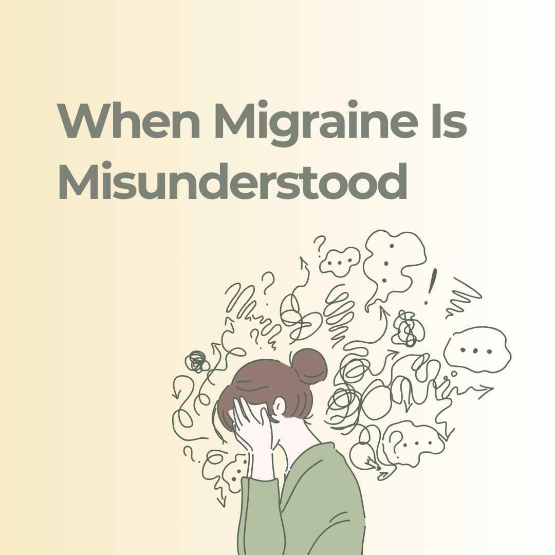 Migraine Heroes Episode 191 explores migraine misunderstanding, with an illustration of a woman overwhelmed by questions.