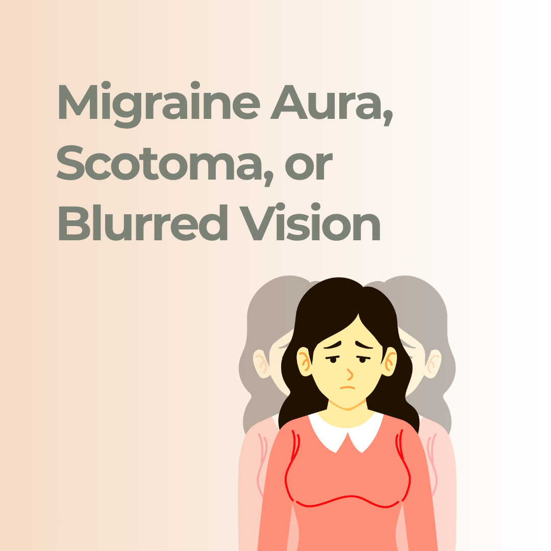 Worried woman with overlapping silhouettes illustrating migraine aura, scotoma, and blurred vision.