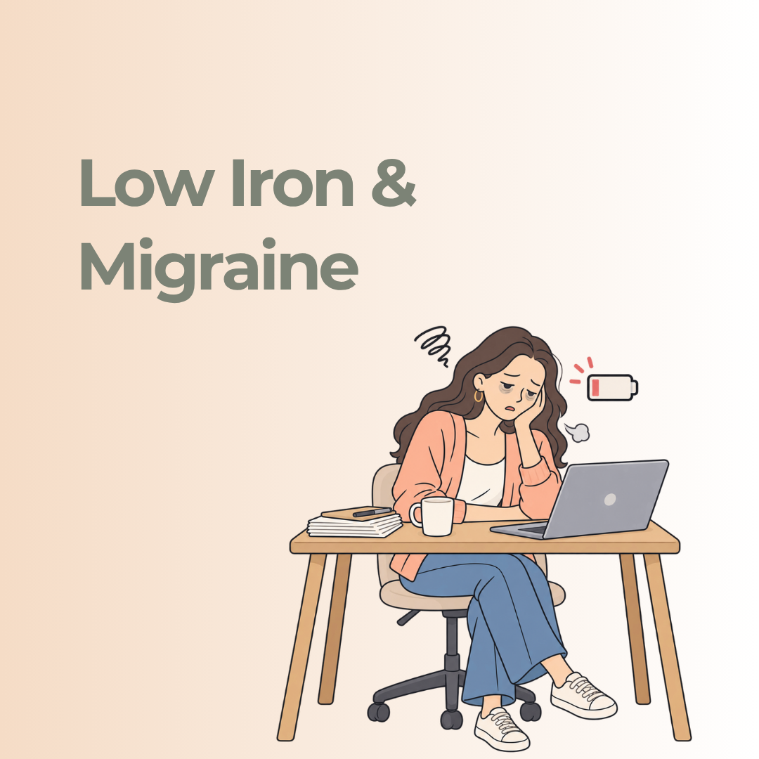 Tired woman at a laptop beside a low-battery symbol, illustrating low iron, fatigue, and migraine.