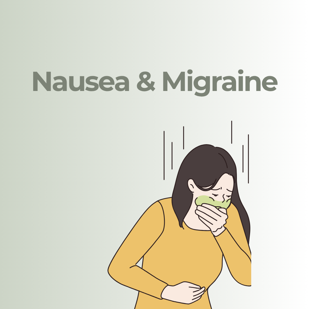 Woman holding her stomach and covering her mouth, illustrating nausea as an early symptom of migraine.